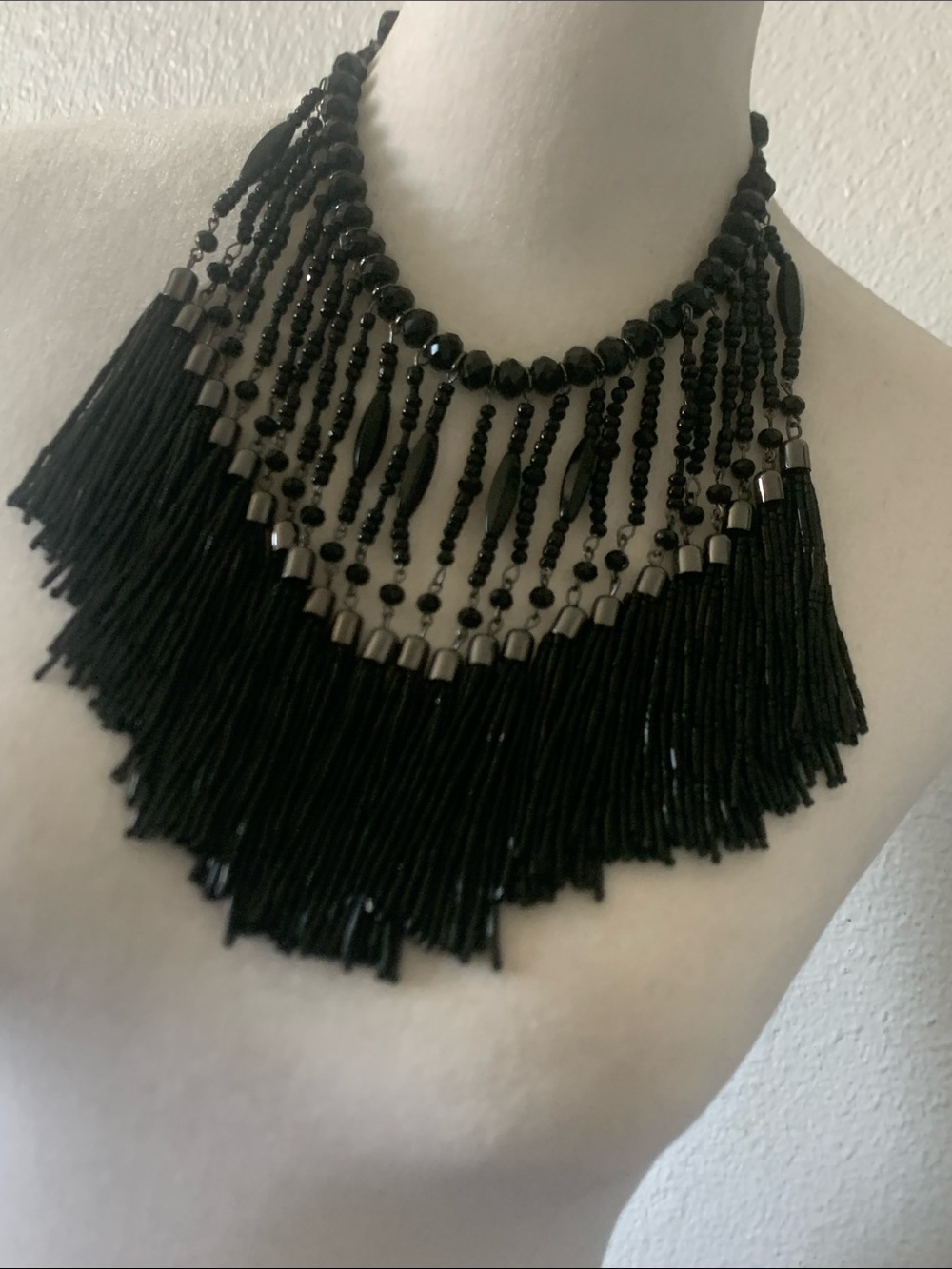 NWOT Chico's Black Beaded Fringe Necklace